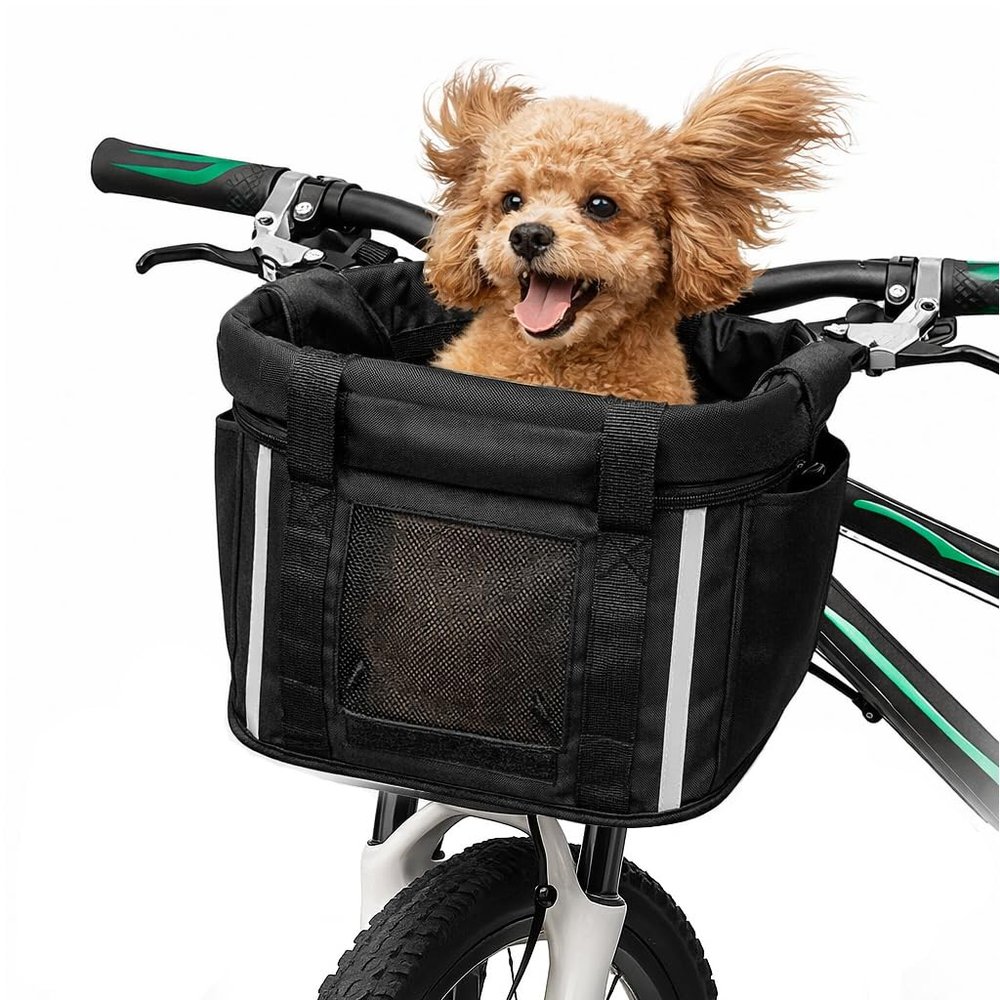 ANZOME Folding Dog Bike Basket, Quick-Release Detachable Front Pet Carrier for Small Dogs & Cats (Up to 11 lbs), Waterproof Bicycle Handlebar Bag for Cycling, Shopping & Picnics (Easy Install)