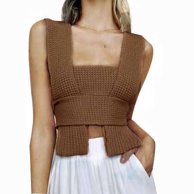 Hzzlokj Women's Knit Sweater Vest Irregular Solid Color Sweater DIY Sleeveless Crop Off Shoulder Tank Top Streetwear Knitwear Khaki