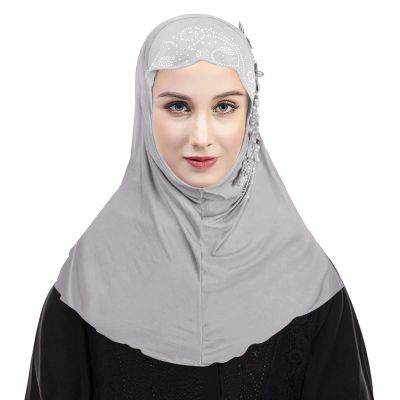 RUIXIA Womens Girls Ice Silk Muslim Hijab Islamic Lace Applique Head Wrap Shawl Long Scarf Wrap Scarves with Rhinestones, Gray, One Size