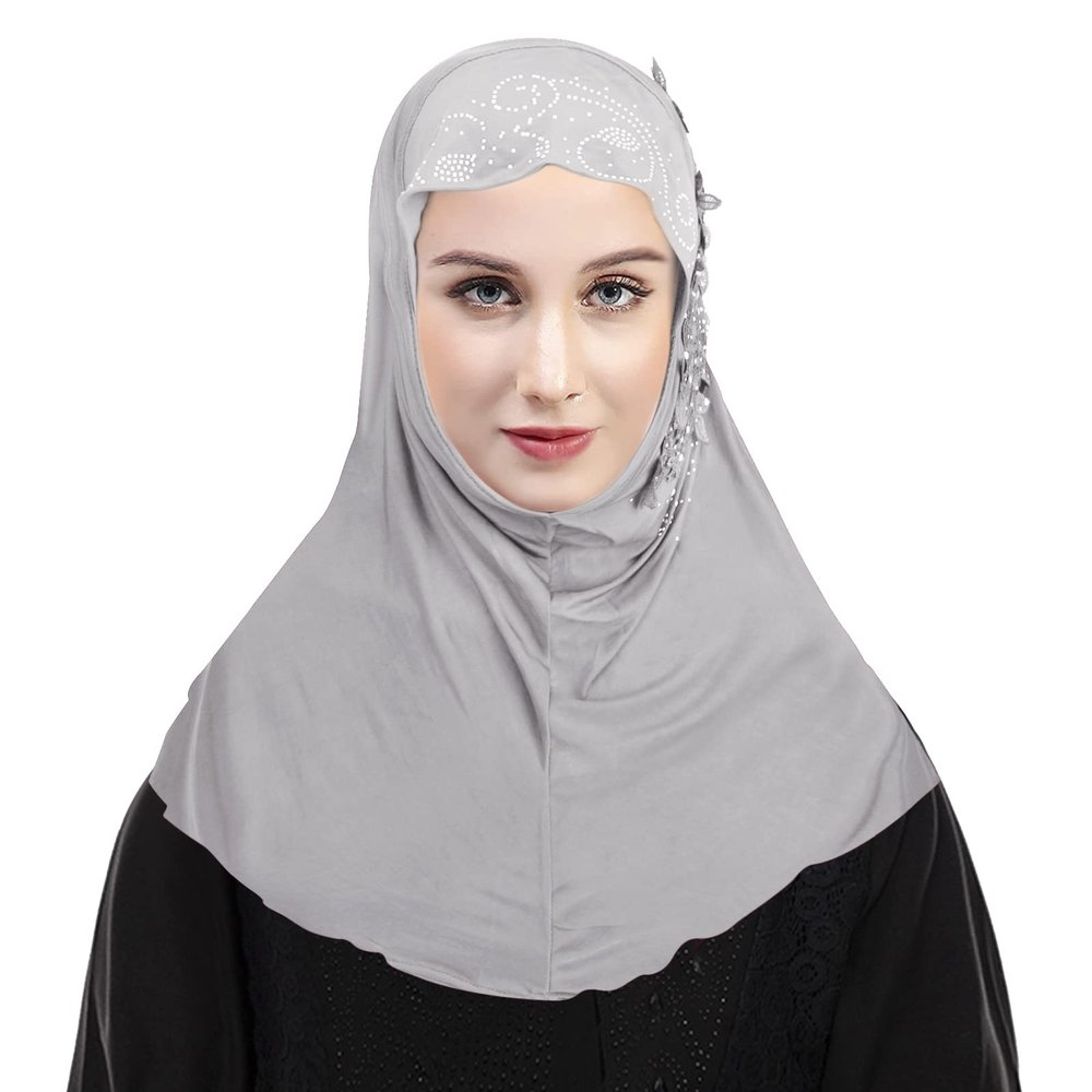 RUIXIA Womens Girls Ice Silk Muslim Hijab Islamic Lace Applique Head Wrap Shawl Long Scarf Wrap Scarves with Rhinestones, Gray, One Size