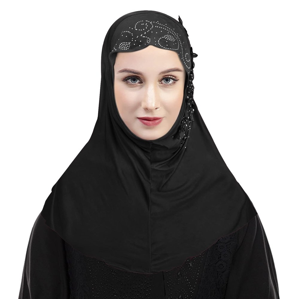 RUIXIA Womens Girls Ice Silk Muslim Hijab Islamic Lace Applique Head Wrap Shawl Long Scarf Wrap Scarves with Rhinestones,Black,One Size