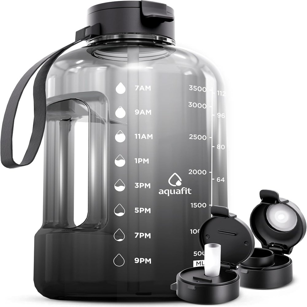 AQUAFIT 1 Gallon Water Bottle with Time Marker - Straw & Chug Lid - BPA Free Gym Water Bottle with Straw - Big Gallon Jug (Midnight Gray, 128 oz - 2 Lids)