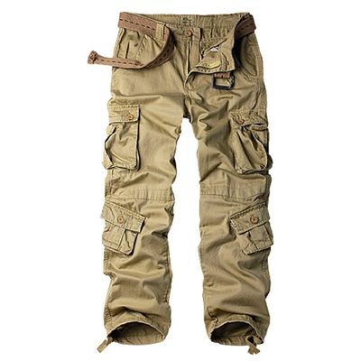 KEHAIOO Men's Cotton Military Cargo Pants, 8 Pockets Casual Work Combat Trousers, Military Army Camo Cargo Pants Plus Size Khaki M