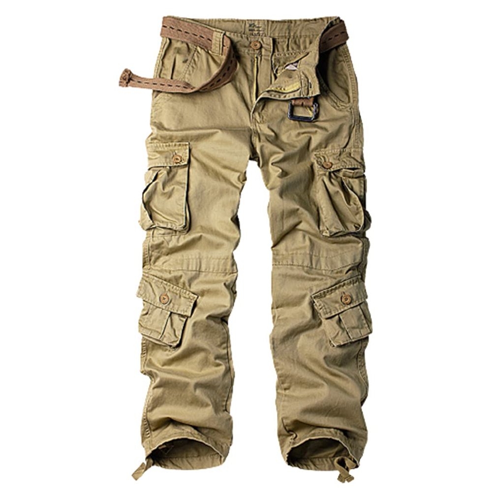 KEHAIOO Men's Cotton Military Cargo Pants, 8 Pockets Casual Work Combat Trousers, Military Army Camo Cargo Pants Plus Size Khaki M