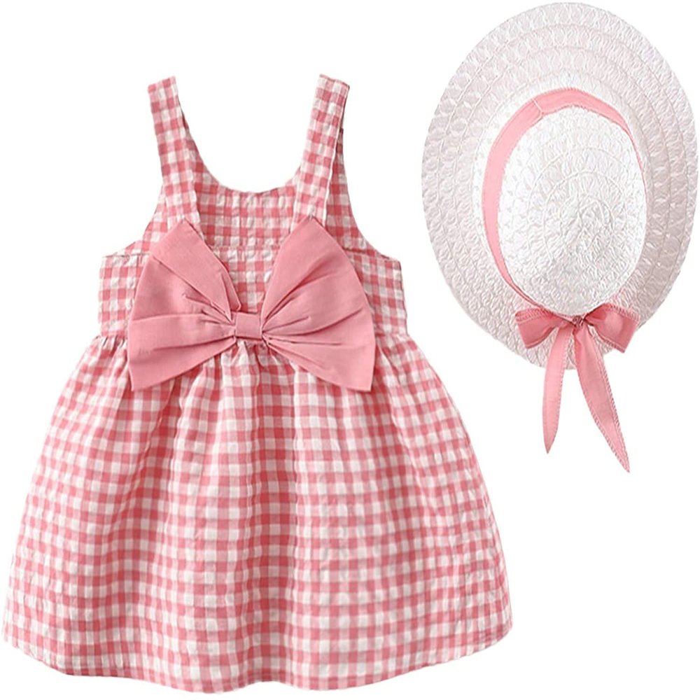 0-4T Baby Kids Girls Sleeveless Sundress Tutu Skirts Bow Plaid Print Princess Dress+Hat Set Summer Outfits Clothes (Pink,6-12 Months,6 Months,12 Months)