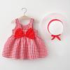 0-4T Baby Kids Girls Sleeveless Sundress Tutu Skirts Bow Plaid Print Princess Dress+Hat Set Summer Outfits Clothes (Red,6-12 Months,9 Months,12 Months) view 2