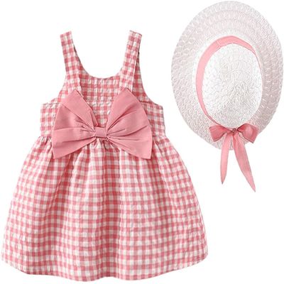 0-4T Baby Kids Girls Sleeveless Sundress Tutu Skirts Bow Plaid Print Princess Dress+Hat Set Summer Outfits Clothes (Pink,2-3 Years,2 Years,3 Years)