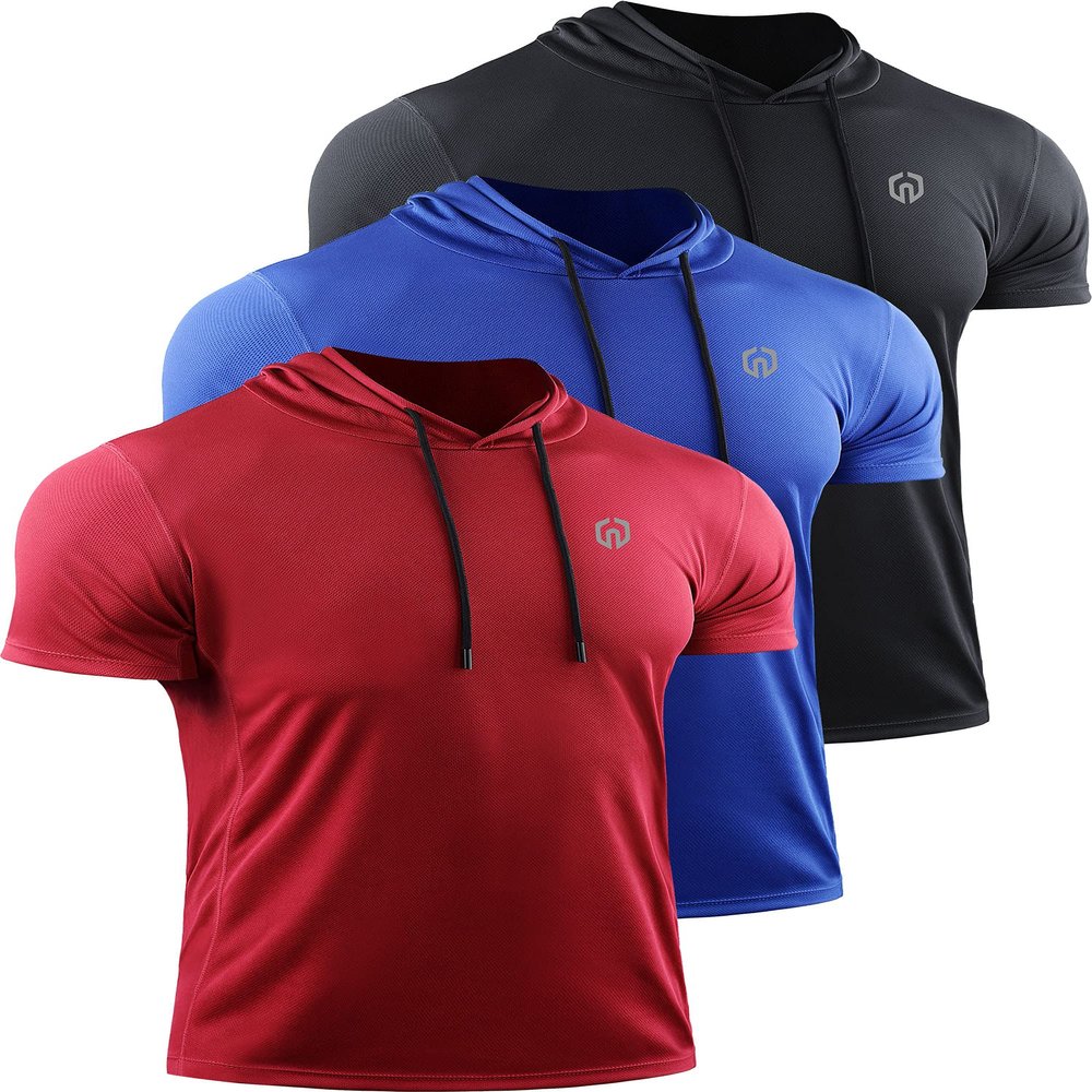 NELEUS Men's Running Shirt Mesh Workout Athletic Shirts with Hoods,5084,3 Pack,Black/Blue/Red,US XL,EU 2XL