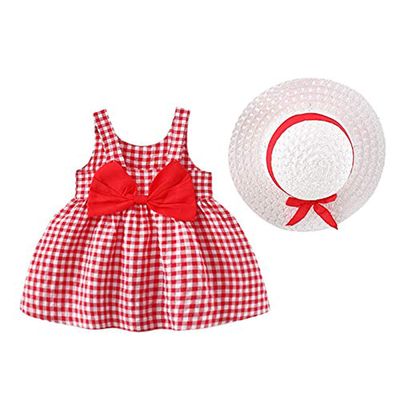 0-4T Baby Kids Girls Sleeveless Sundress Tutu Skirts Bow Plaid Print Princess Dress+Hat Set Summer Outfits Clothes (Red,12-18 Months,12 Months,24 Months)