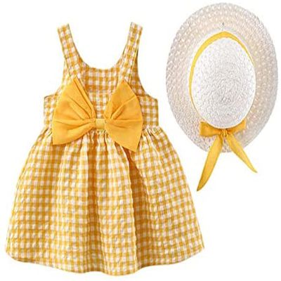 0-4T Baby Kids Girls Sleeveless Sundress Tutu Skirts Bow Plaid Print Princess Dress+Hat Set Summer Outfits Clothes (Yellow,6-12 Months,6 Months,12 Months)