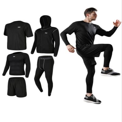 Legou men's fitness tracksuits shirts Pants Shorts Hoodie tights quick-drying sports black loose 5-piece set