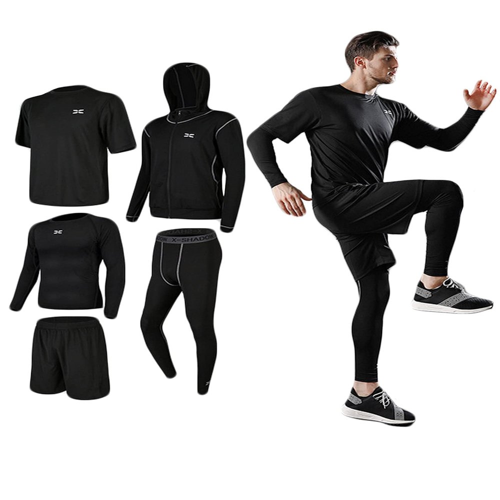 Legou men's fitness tracksuits shirts Pants Shorts Hoodie tights quick-drying sports black loose 5-piece set