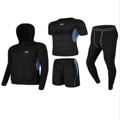 Legou men's fitness tracksuits shirts Pants Shorts Hoodie tights quick-drying sports blue splicing 4-piece set