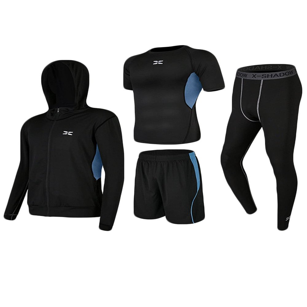 Legou men's fitness tracksuits shirts Pants Shorts Hoodie tights quick-drying sports blue splicing 4-piece set