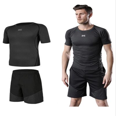 Legou men's fitness tracksuits shirts Pants Shorts Hoodie tights quick-drying sports star grey cationic 2-piece set
