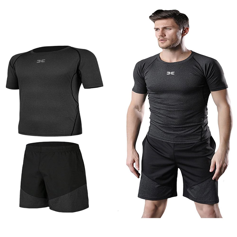 Legou men's fitness tracksuits shirts Pants Shorts Hoodie tights quick-drying sports star grey cationic 2-piece set