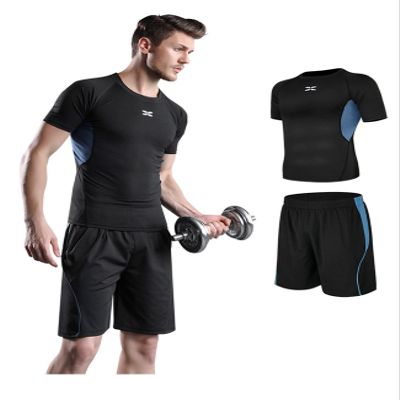 Legou men's fitness tracksuits shirts Pants Shorts Hoodie tights quick-drying sports blue splicing 2-piece set