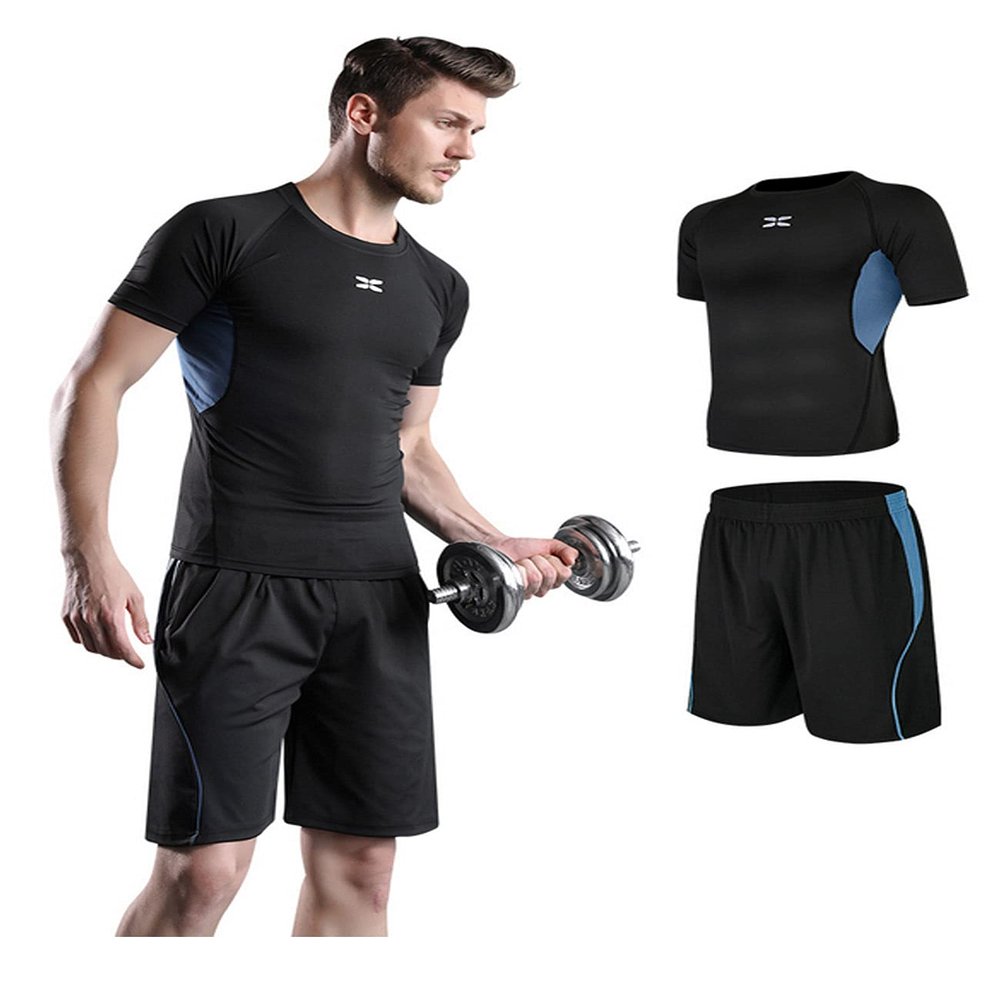 Legou men's fitness tracksuits shirts Pants Shorts Hoodie tights quick-drying sports blue splicing 2-piece set