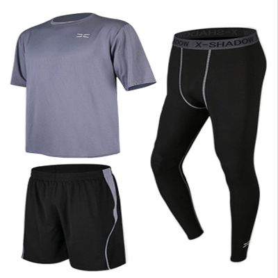 Legou Men's Fitness Tracksuits Shirts Pants Shorts Hoodie Tights Quick-Drying Sports Grey Loose 3-Piece Set