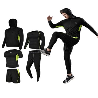 Legou men's fitness tracksuits shirts Pants Shorts Hoodie tights quick-drying sports green splicing 5-piece set