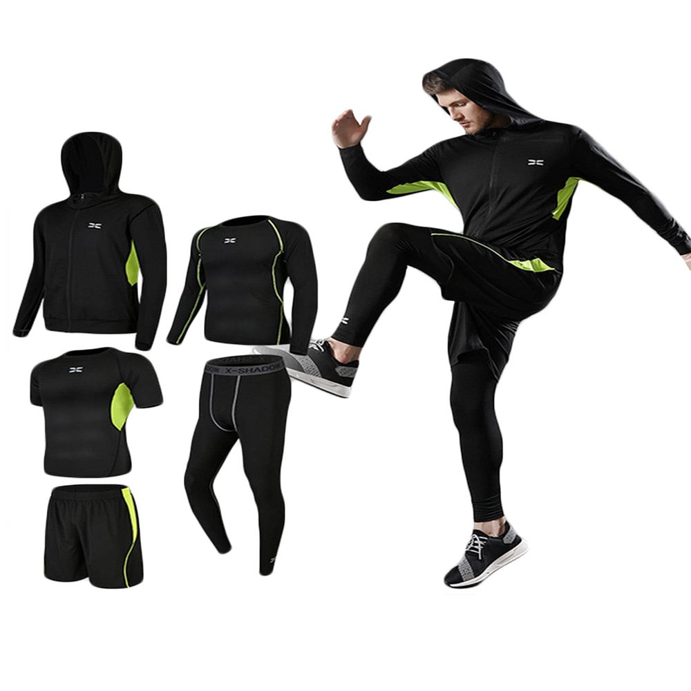 Legou men's fitness tracksuits shirts Pants Shorts Hoodie tights quick-drying sports green splicing 5-piece set