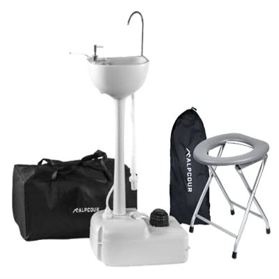 Alpcour Portable Toilet Seat w/Portable Camping Sink  Indoor/Outdoor Travel Hygiene Station Commode w/Travel Bags for Camping, RV, Boat & More  17L Water Capacity