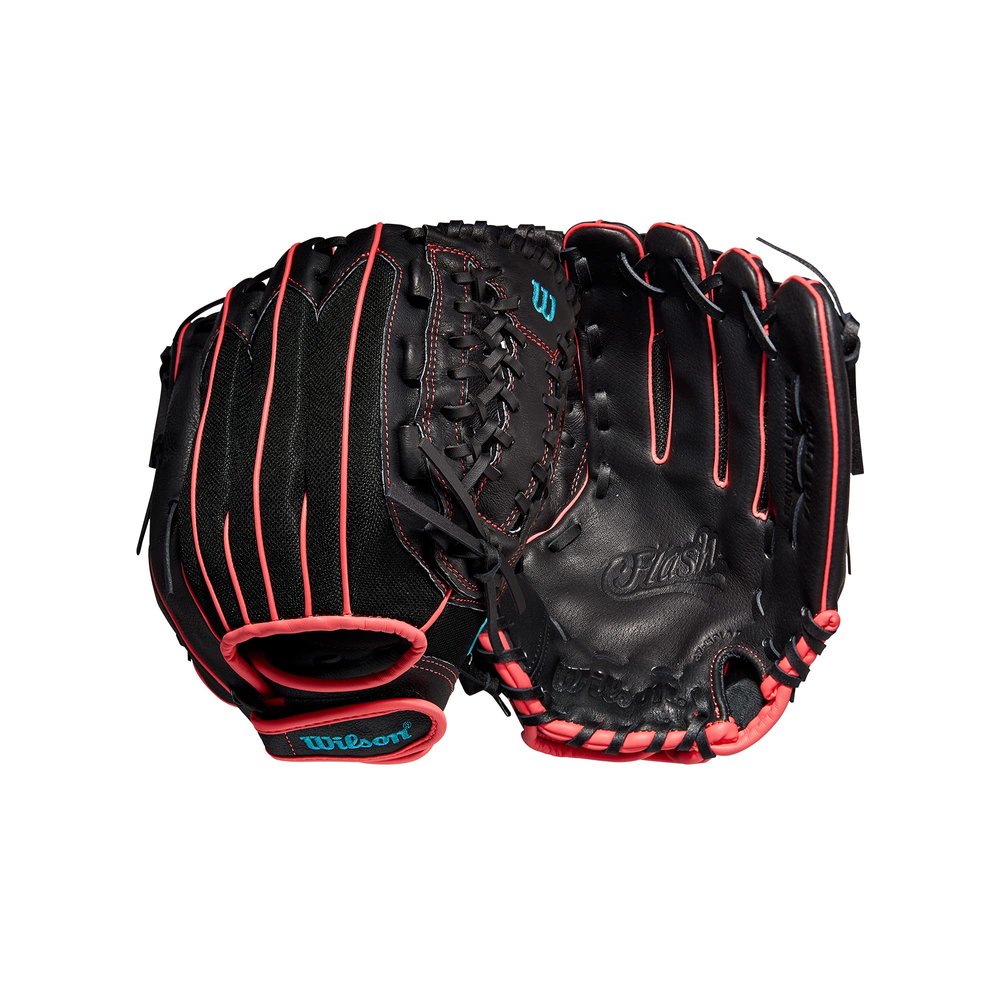 Wilson 2022 A440 Flash 12" Fastpitch Outfield Glove - Left Hand Throw, Black/Pink/Tropical Blue