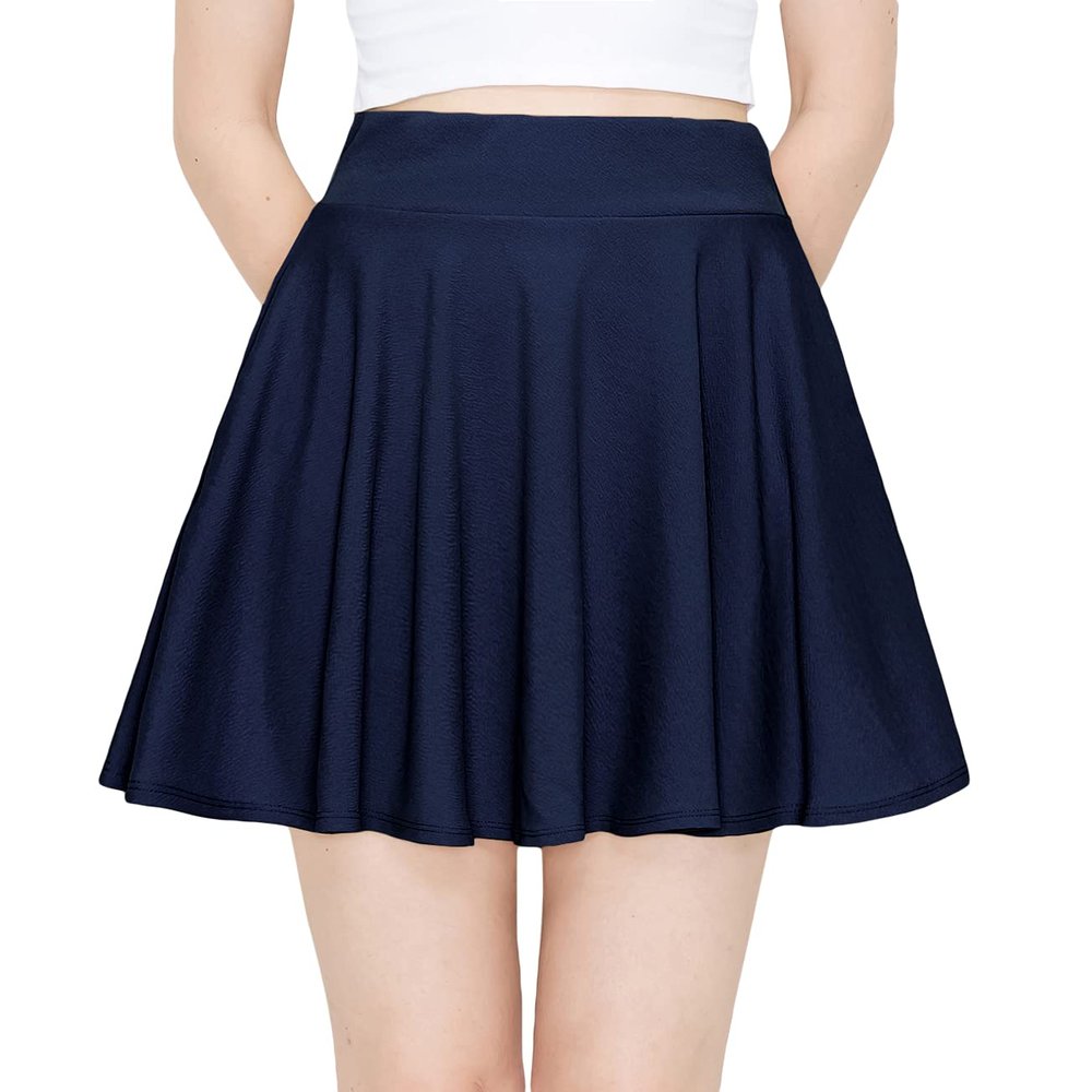 ALWAYS Women's Flared Mini Skater Skirt - High Waist Casual Stretch Basic Skirt Navy M