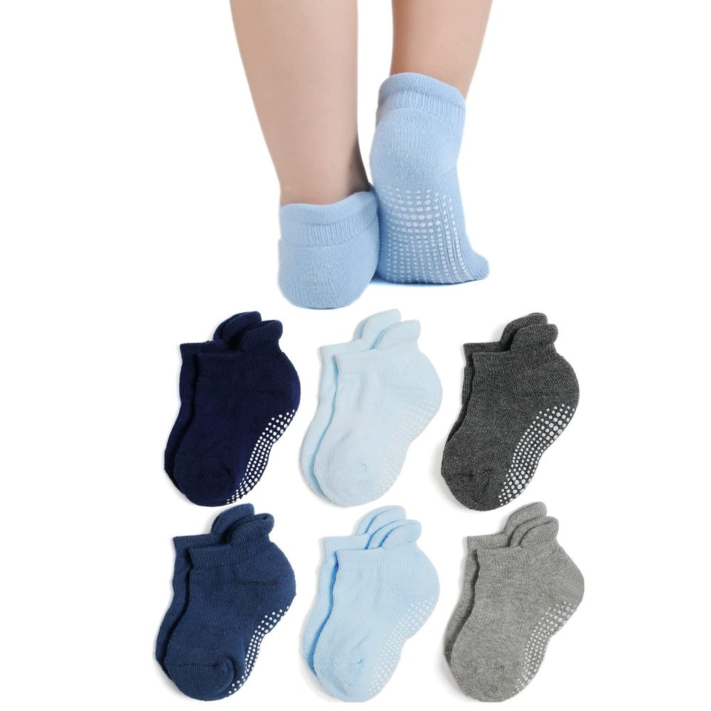 EPEIUS Baby Socks - Non-slip Ankle Socks with Grips, Thick Cotton, 6 Pair Pack, Solid Color Boys, 6-12 Months