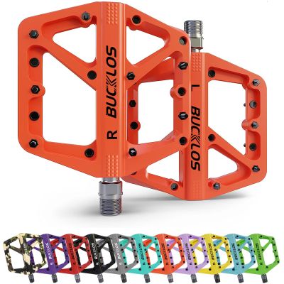 BUCKLOS Mountain Bike Pedals MTB Pedals Flat, Bicycle Road Bike Adult Large Platform Pedal with Non-Slip Grips for Gravel/Ebike/Hybrid Bikes/Beach Cruiser(9/16 Nylon Orange)