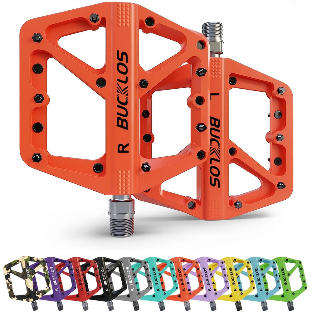BUCKLOS Mountain Bike Pedals MTB Pedals Flat, Bicycle Road Bike Adult Large Platform Pedal with Non-Slip Grips for Gravel/Ebike/Hybrid Bikes/Beach Cruiser(9/16 Nylon Orange)