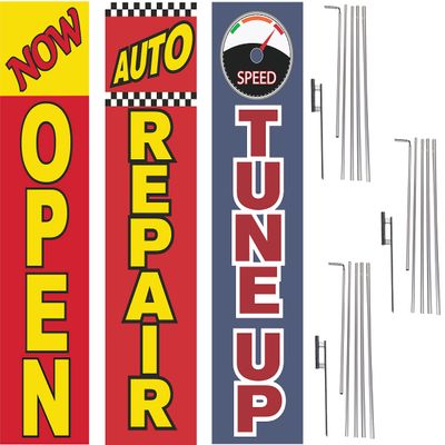 COBB PROMO Now Open Auto Repair Tune up Advertising Rectangle Boomer Feather Flags Complete Kits with 3 Flag Poles and 3 Ground Spikes