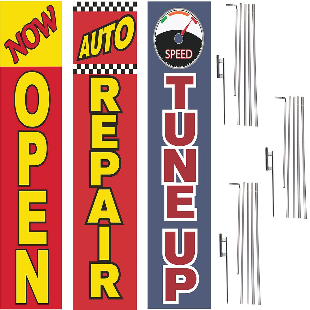 COBB PROMO Now Open Auto Repair Tune up Advertising Rectangle Boomer Feather Flags Complete Kits with 3 Flag Poles and 3 Ground Spikes