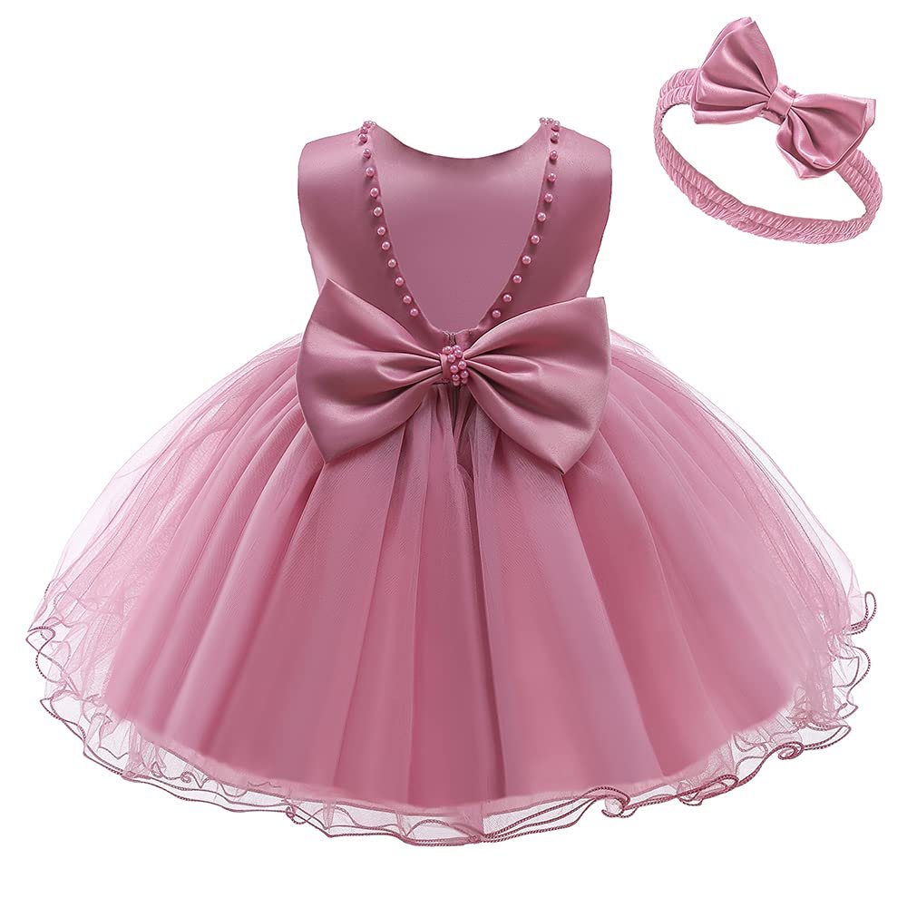 Toddler Girls Easter Tutu Gown Ruffles Dress Kids Christmas Formal Party Dresses with Headwear (Dusty Pink,6-12 Months)