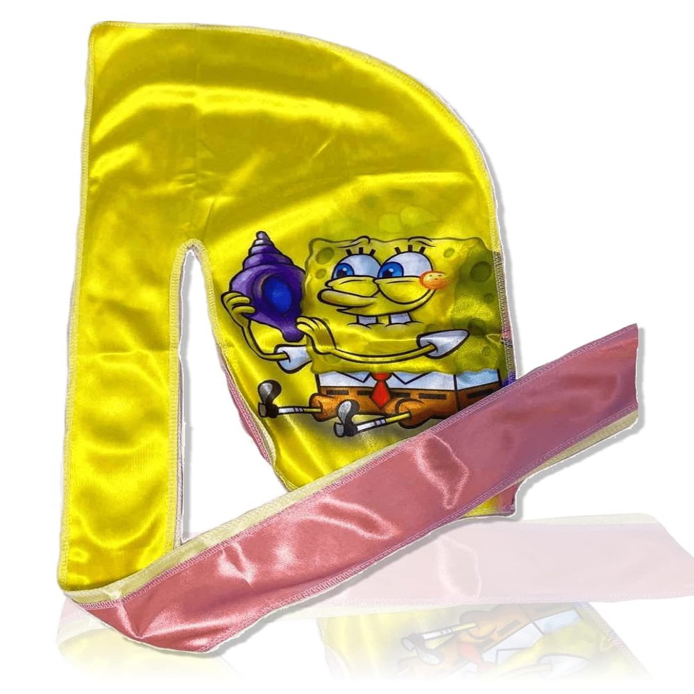 CROWN Art Silky Anime Durag with Long Wide Tails and Quadruple Stitching - Satin Fabric Du Rag for Comfort Compression,Yspnge Large