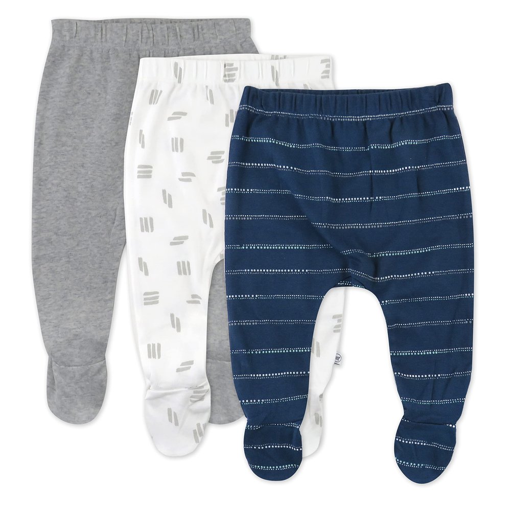 HonestBaby Baby 3-Pack Organic Cotton Footed Harem Pants, Dotted Stripe Navy Blue, Newborn