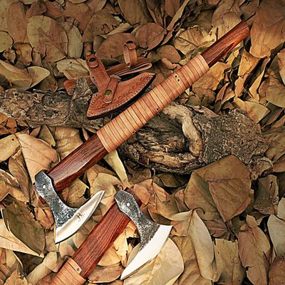 HUNTEX Brand New Handmade-Forged High Carbon Steel Blade 22 Inch Long Hunting Camping Battle Viking Bearded Godzilla Axe, Rosewood Leather Stripe Wrapped Handle w/Bullhide Leather Sheath