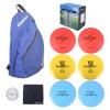 DISC GOLF SET Includes 1pc nylon backpack bag, 2pcs Drivers, 2pcs Mid-Ranges, 2pcs Putters, 1pc Mini Disc Marker, 1pc 12x12 embroider logo black towel and 1pc gift color box view 1