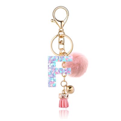 OKAICEN Pink-Purple Resin Alphabet Initial Letter Keychain Key Ring for Women Grils Purse Handbags with Faux Rabbit Fur Ball Pom('F')