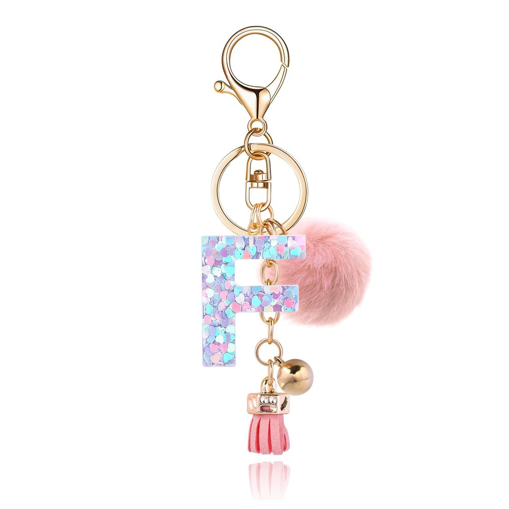 OKAICEN Pink-Purple Resin Alphabet Initial Letter Keychain Key Ring for Women Grils Purse Handbags with Faux Rabbit Fur Ball Pom('F')