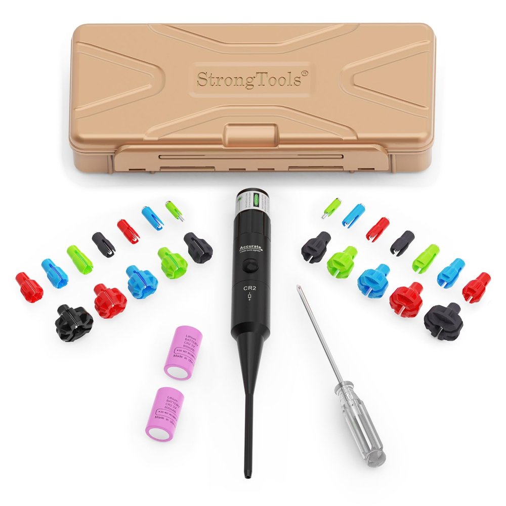 StrongTools Professional Green Laser Boresighter, 24 Adapters & Button Switch, Universal for 0.17 to 12GA, High-Visibility Day-Bright Boresight for Hunting and Range