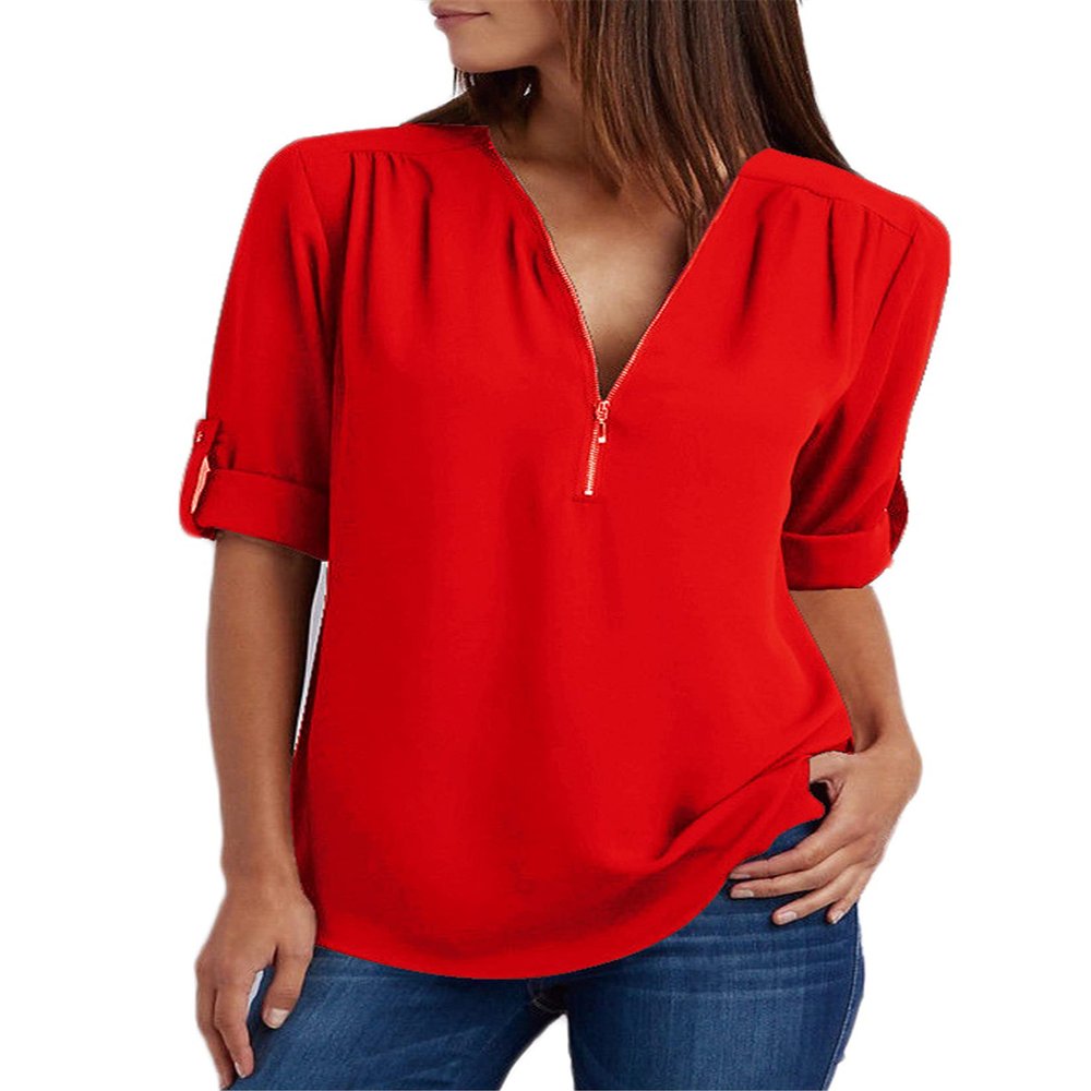 Andongnywell Women's V-Neck Zipper Long Sleeve Pull Sleeve Loose Chiffon Shirts Tops Blouse T-Shirt (Red,6,3X-Large)