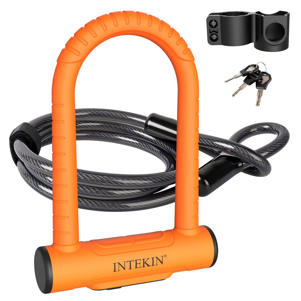 INTEKIN Bike U Lock Heavy Duty Bike Lock Bicycle Lock, 16mm U Lock and 5ft Length Security Cable with Sturdy Mounting Bracket for Bicycle, Motorcycle and More, Orange, Small