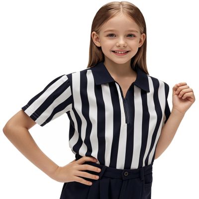 ChinFun Referee Shirt Black & White Stripe Ref Jersey Zip Collar Official Umpire Uniform Basketball, Football, Soccer, Volleyball, Halloween Cosplay Costume XL