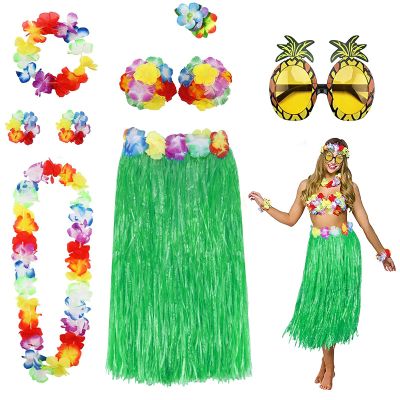 PHOGARY 8 Pack Hula Skirt Costume Kit for Hawaii Luau Party - Dancing Hula with Flower Bikini Top, Hawaiian Lei, Hibiscus Hair Clip, Pineapple Sunglasses for Women (Green)