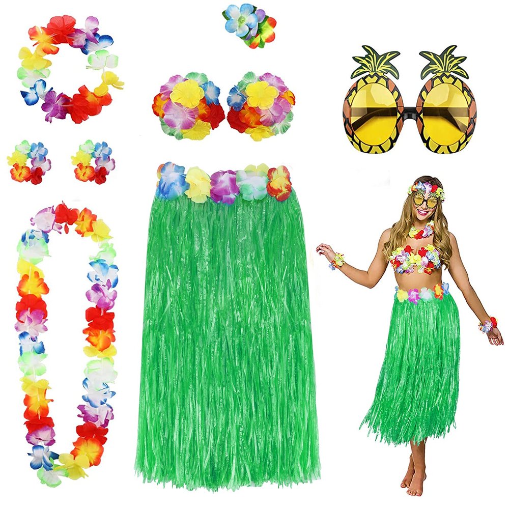PHOGARY 8 Pack Hula Skirt Costume Kit for Hawaii Luau Party - Dancing Hula with Flower Bikini Top, Hawaiian Lei, Hibiscus Hair Clip, Pineapple Sunglasses for Women (Green)