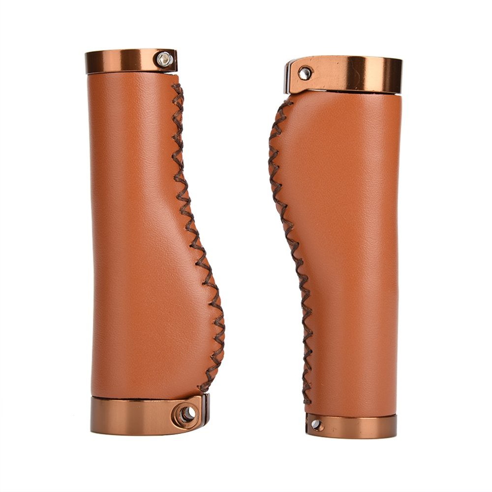 1 Pair PU Leather Bike Handle Grips, Mountain Bike Grips Handlebar Grips Bicycle Handle Bar Cover for Cycling (Brown)