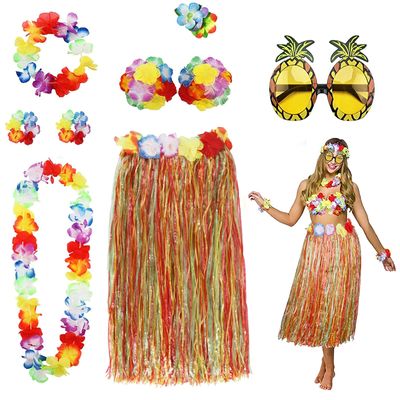 PHOGARY 8 Pack Hula Skirt Costume Kit for Hawaii Luau Party - Dancing Hula with Flower Bikini Top, Hawaiian Lei, Hibiscus Hair Clip, Pineapple Sunglasses for Women (Colorful)