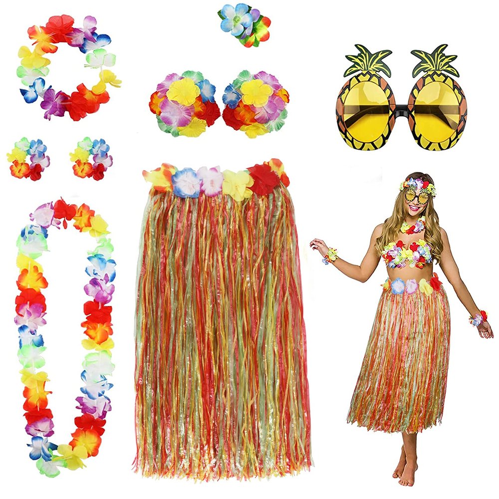 PHOGARY 8 Pack Hula Skirt Costume Kit for Hawaii Luau Party - Dancing Hula with Flower Bikini Top, Hawaiian Lei, Hibiscus Hair Clip, Pineapple Sunglasses for Women (Colorful)