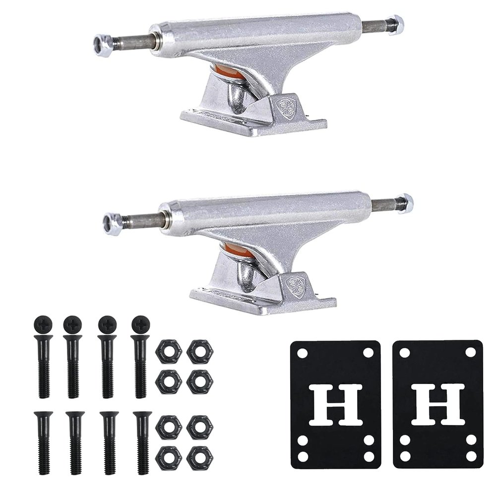 INDEPENDENT Skateboard Trucks Mids Silver 129 (7.6") + Risers & Hardware Kit